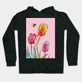 Tulip Flower Watercolor Painting and Bee on Blush Pink Hoodie